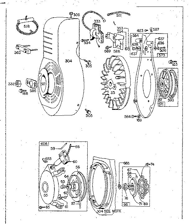 Rewind Starter And Blower Housing Diagram and Parts List for 233401-233499 0010 - 0060 Briggs and Stratton Engine